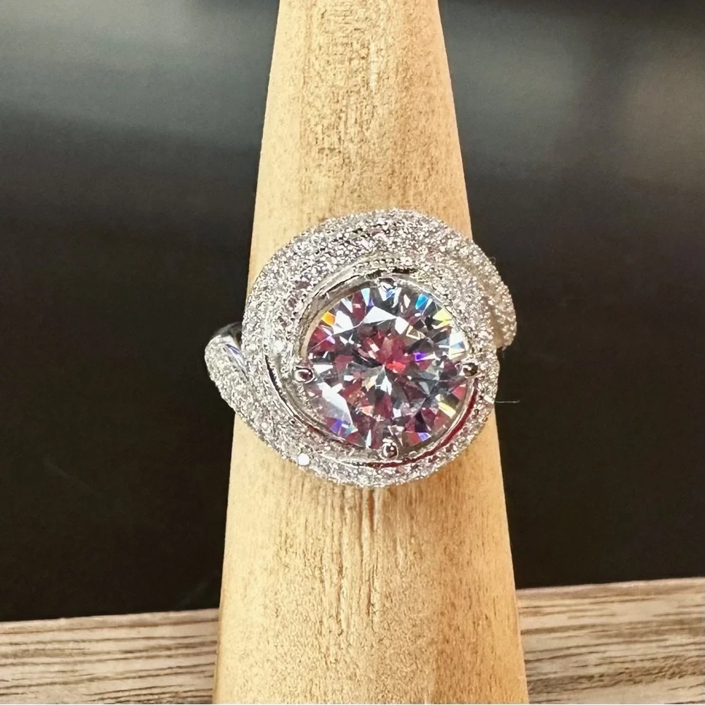NEW White Cubic Zirconia Rhodium-Plated 925 Sterling Silver Spiral Wrap Ring